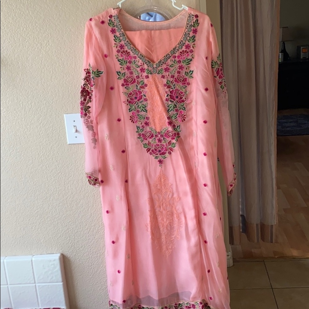 3 pc Salmon pink Pakistani Indian shalwar kameez